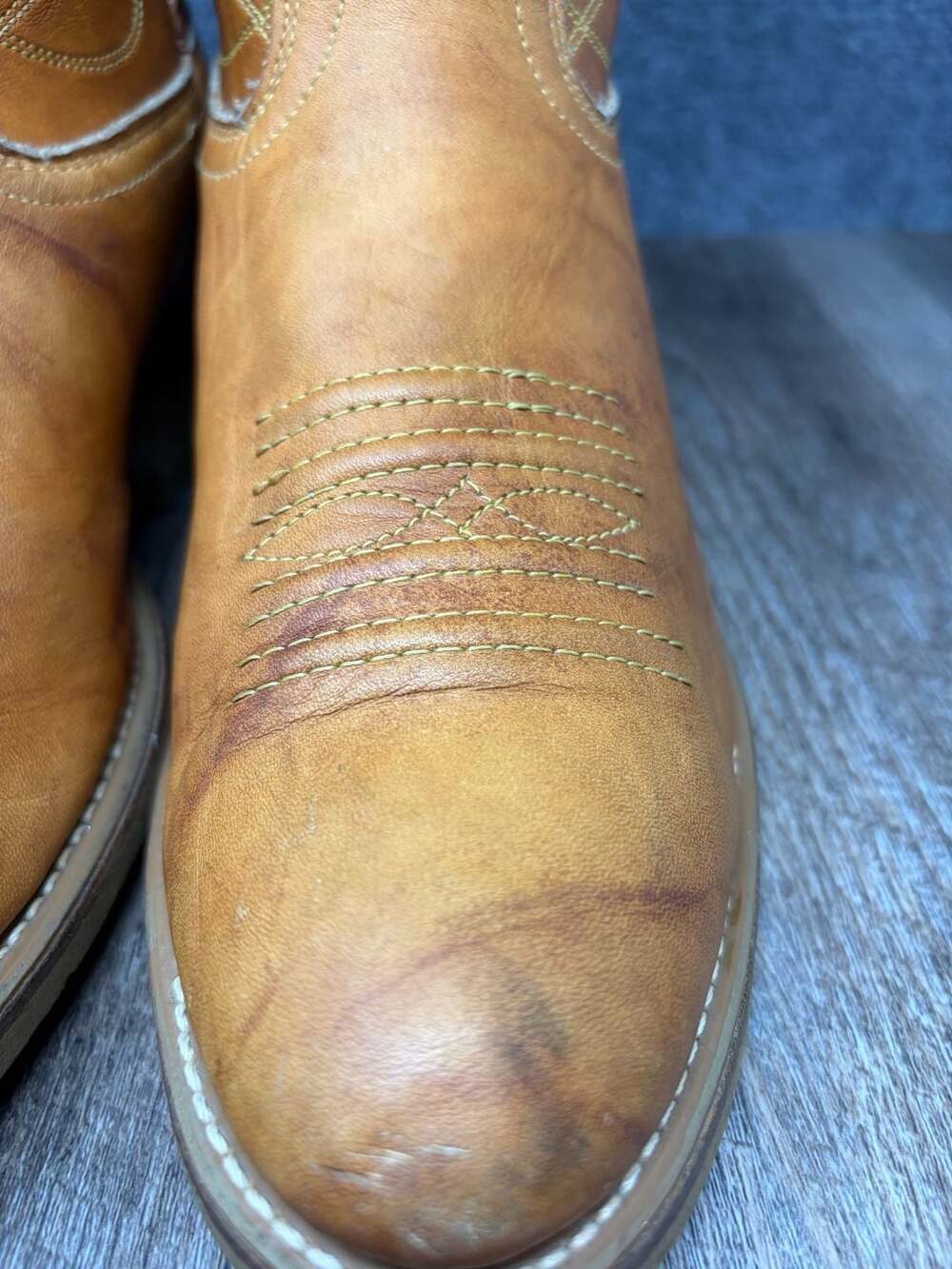 Vintage Acme Cowboy Western Mens 10 D Boots Tan Brown marbled leather USA MADE - Picture 5 of 16